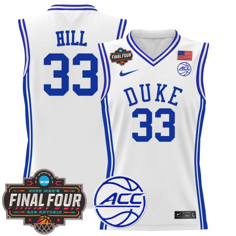 Men Duke Blue Devils 33 Hill white 2025 Final Four Patch NCAA Jersey